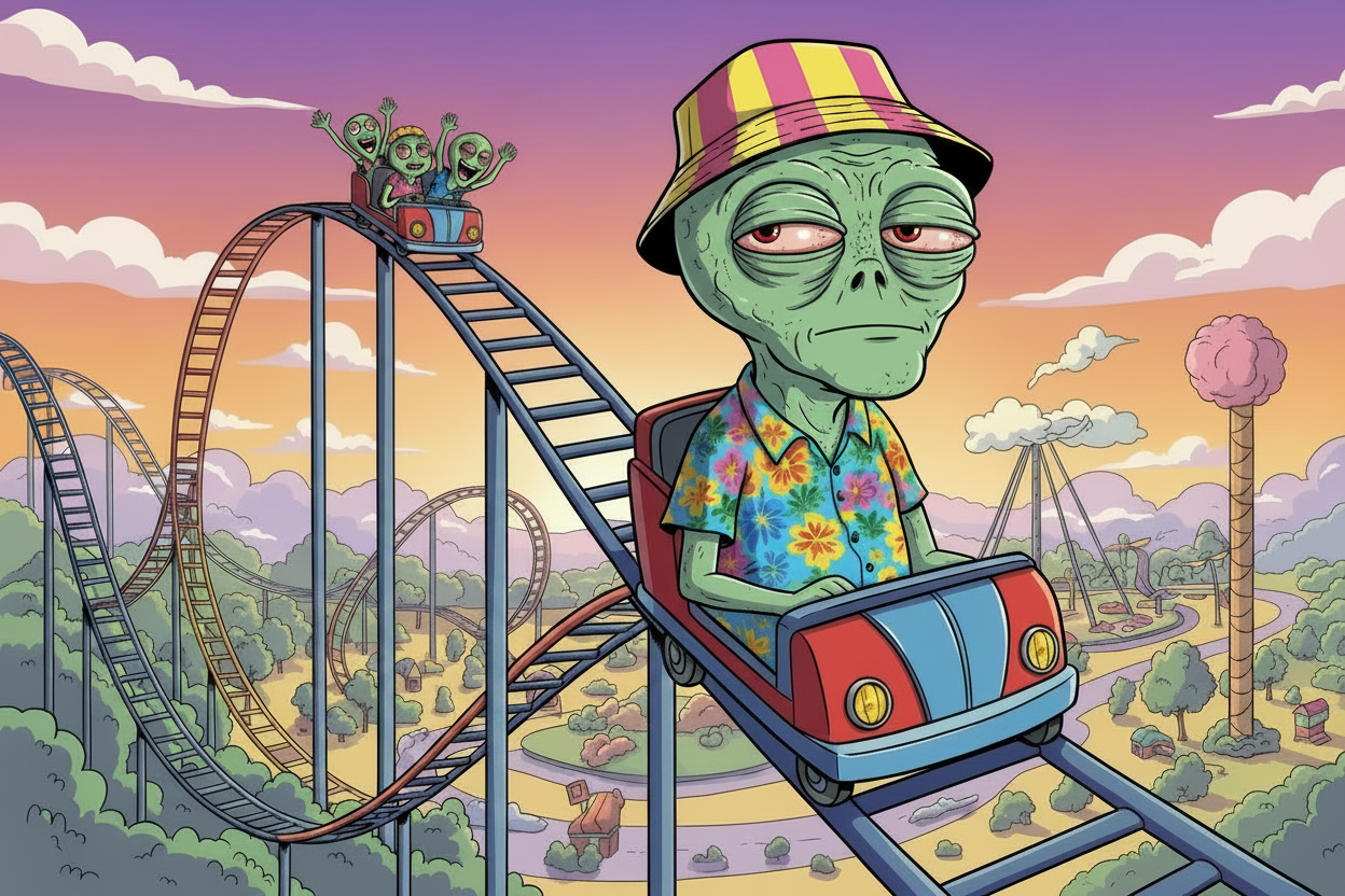 cartoon style alien, bloodshot eyes, no joy, very tired, hawaiian shirt, bucket hat, riding a rollercoaster